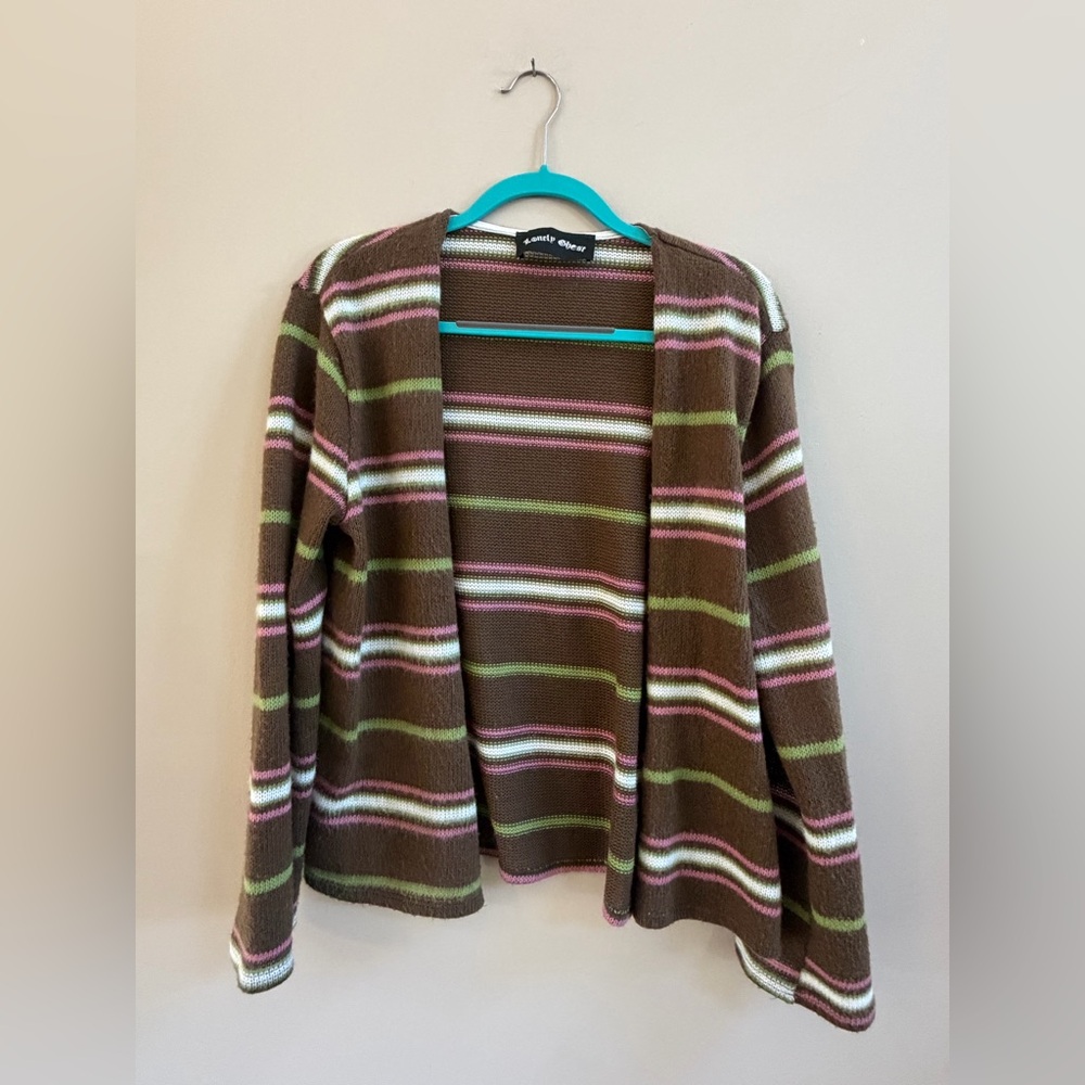 Lonely Ghost Pink Green Brown Striped Open Knit Cardigan Sweater, Casual Comfy